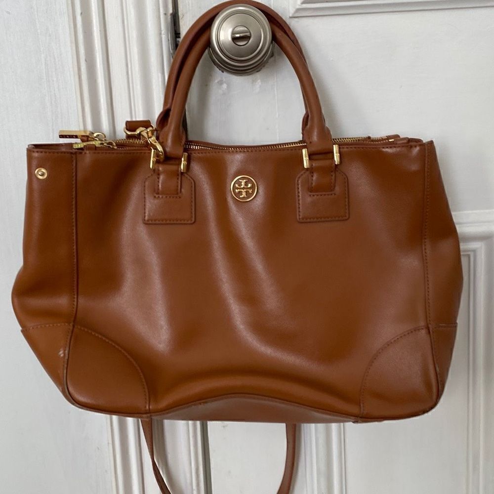 Tory Burch Women's Leather Robinson Double Zip Tote Large Camel Tan